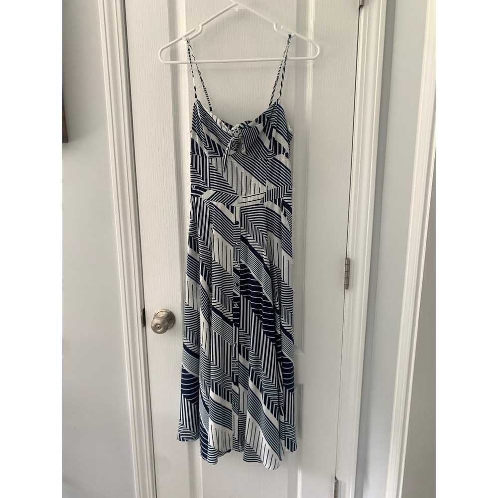 Yumi Kim Navy White Geometric Stripe Tie Front Midi Dress XS Pocket Smocked Back